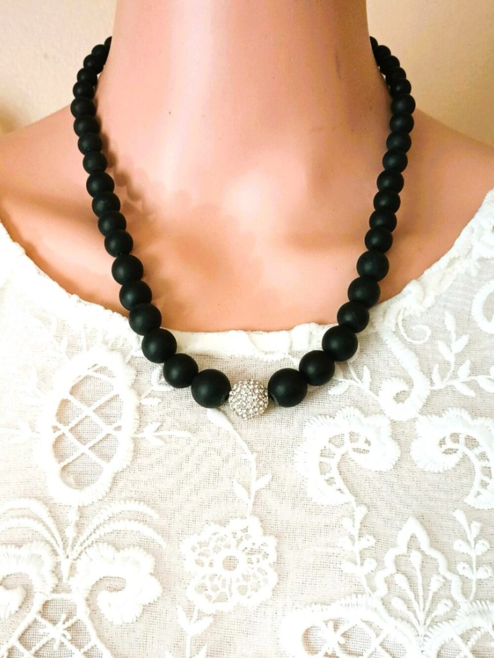 Lia Sophia Castile Black Agate Necklace 18" Silver Tone Pave Ball Collar Jewelry